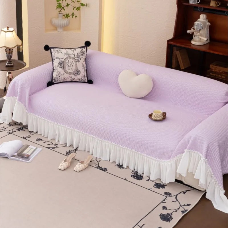 2024 French Country Sofa Cover Patchwork Stretchable Couch Protector Vintage Solid Color Cool Decor Throw Blanket Pleated lace